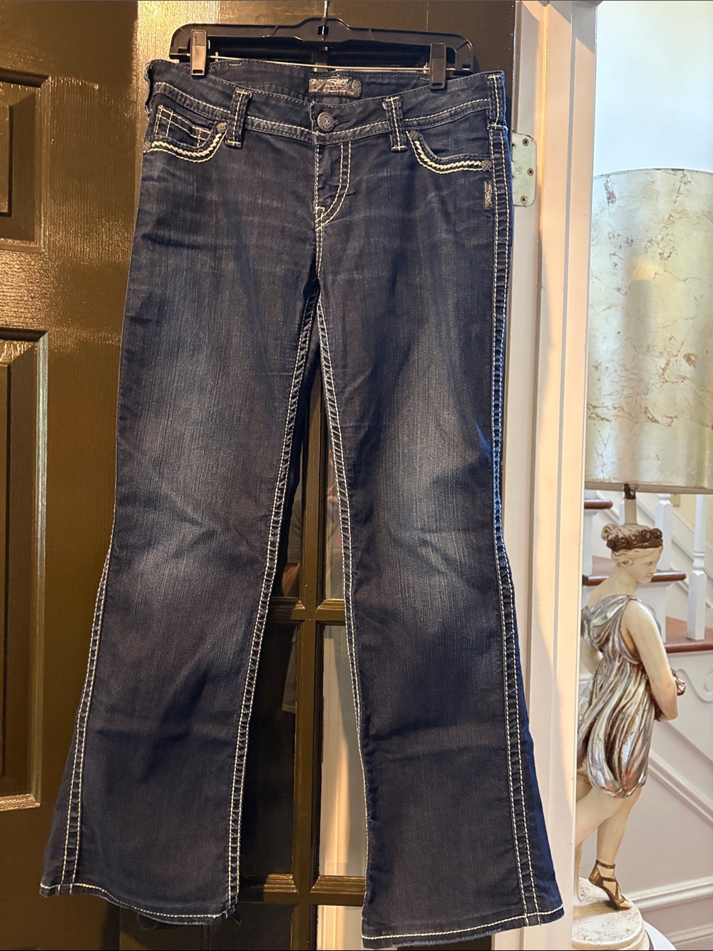 Silver Jeans Dark Indigo Boot Cut Jeans with White Stitching